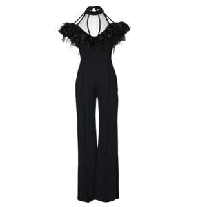 Women's Black Sheer Cold Shoulder Ruffled Pleated Formal Evening Jumpsuit XL